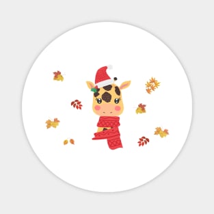 Christmas Giraffe And Autumn Leaves Magnet